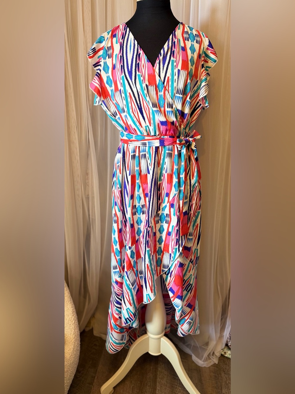 GRECERELLE Colorful Abstract Wrap Dress Size L High Low Ruffle Hem